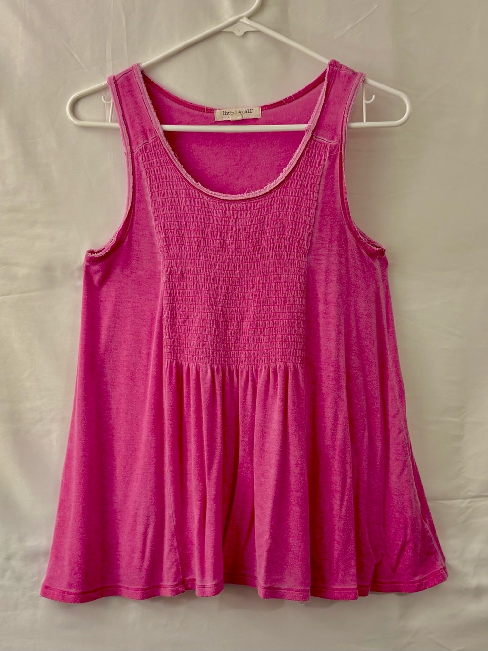 Pink Distressed Sleeveless  Smocked Tank Top - Women